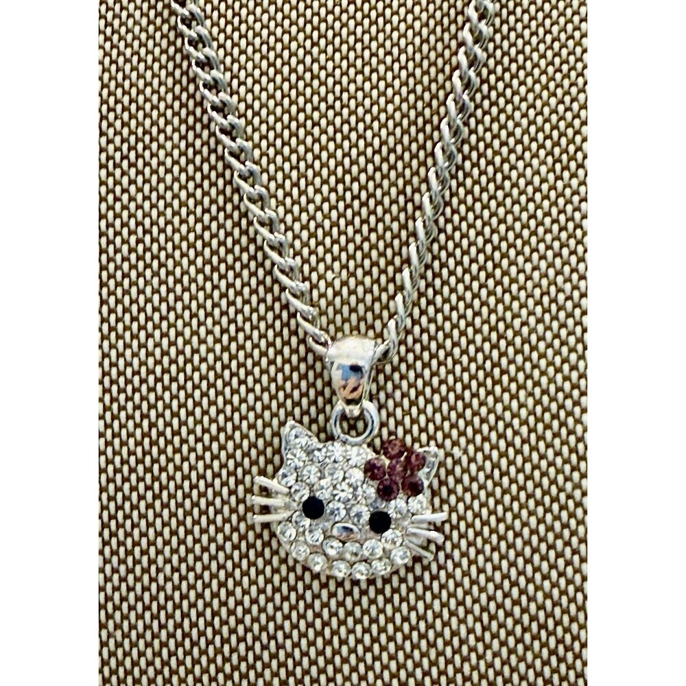 Hello Kitty Pendant Necklace Clear Rhinestones With Red Flower